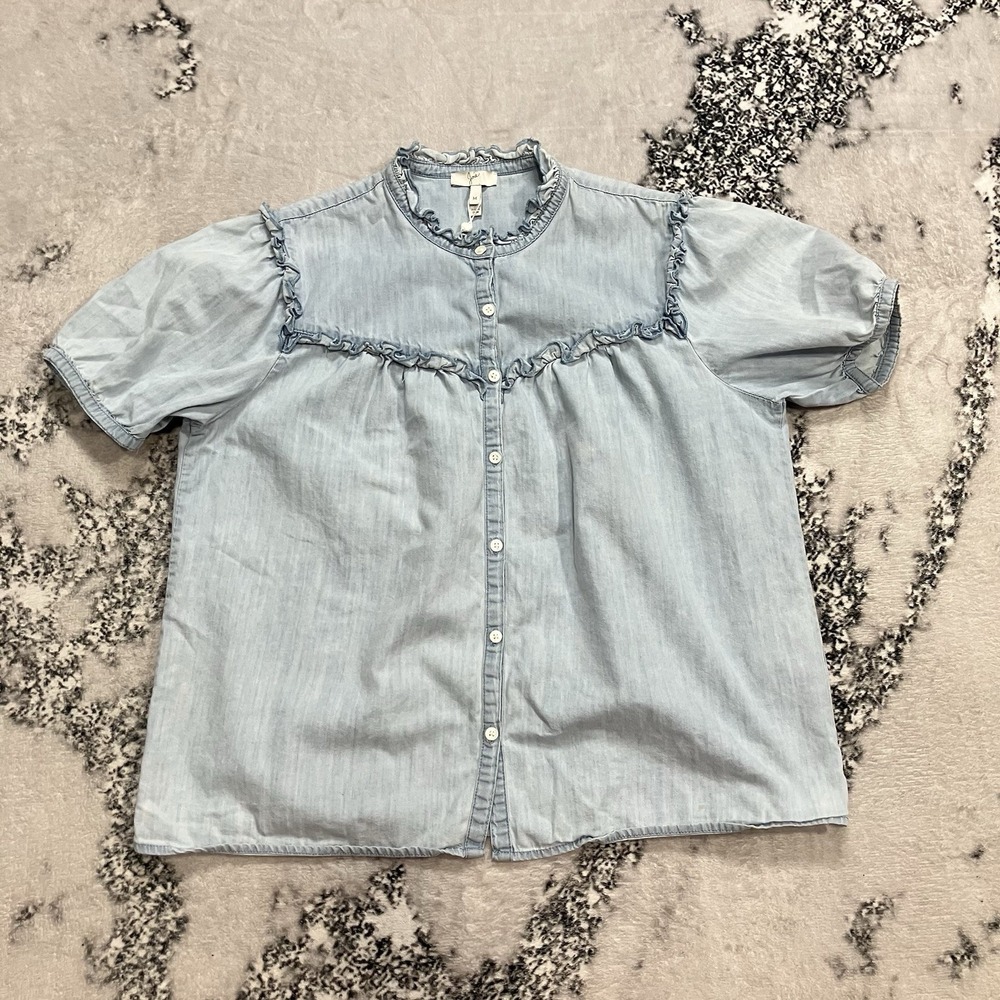 Joie Chambray Ruffle Button Front Blouse Women Size Medium Short Sleeve
